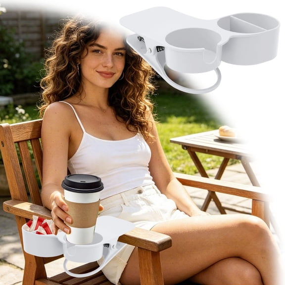 Leeye Large Clip On Cup Holder, Extra Wide Beverage Holder with Clamp, Heavy Duty Drink Holder for Desk Beach Chair Patio, Fits Large Tumblers Mugs Bottles, White