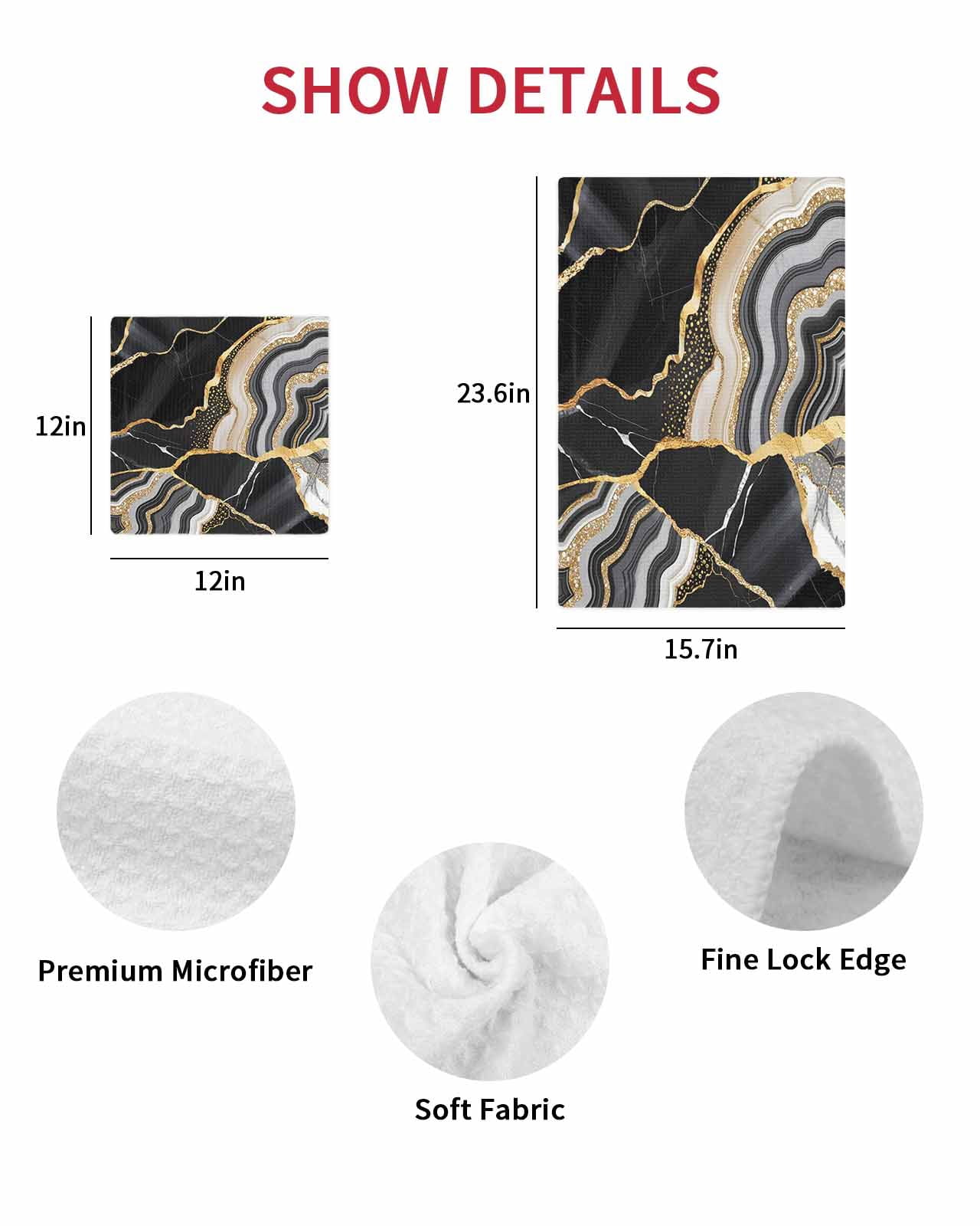 Black Marble Kitchen Dish Towels for Drying Dishes Set of 4, Grey Gold Texture Vintage Farmhouse Art Waffle Weave Microfiber Hand Tea Bathroom Towels Quick Dry & Absorbent Towel 15.7x23.6