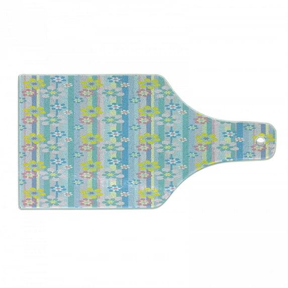 Pastel Cutting Board, Abstract Spring Season Themed Graphic Daisies on Vertical Stripes Soft Modern, Decorative Tempered Glass Cutting and Serving Board, Wine Bottle Shape, Multicolor, by Ambesonne