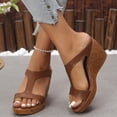 thumbnail image 2 of Sandals Women Cork Wedges Heels Casual Open Toe Cutout T-Strap Slides Comfortable Footbed High Heeled Mules Summer Dress Shoes Brown Size 9.5, 2 of 7
