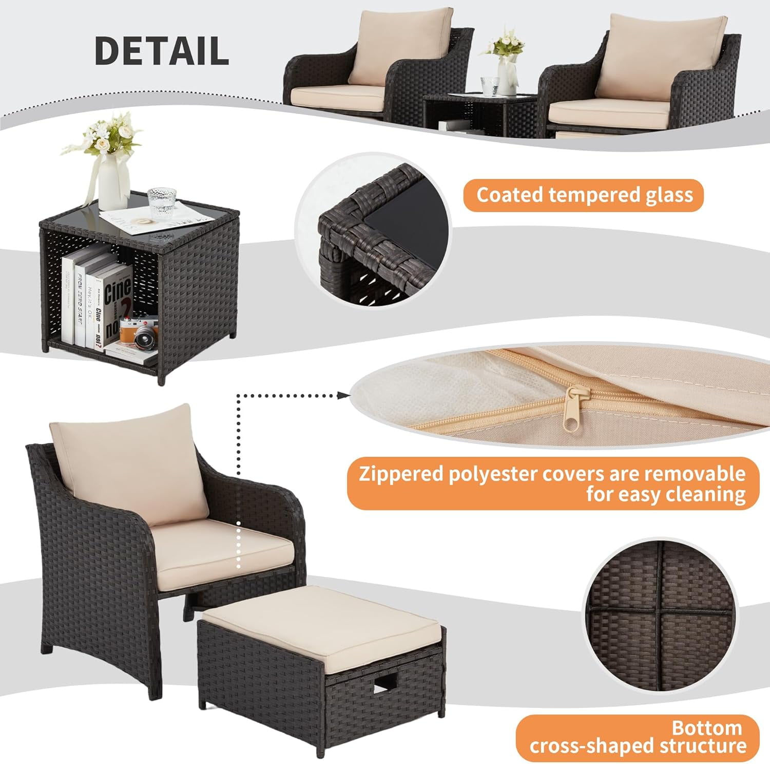 HOMREST 5 Piece Balcony Furniture, All Weather PE Wicker Rattan Patio Furniture Set, Cushioned Patio Chairs Set of 2 w/Ottoman&Table, Outdoor Lounge Chair for Lawn Pool Balcony, Khaki