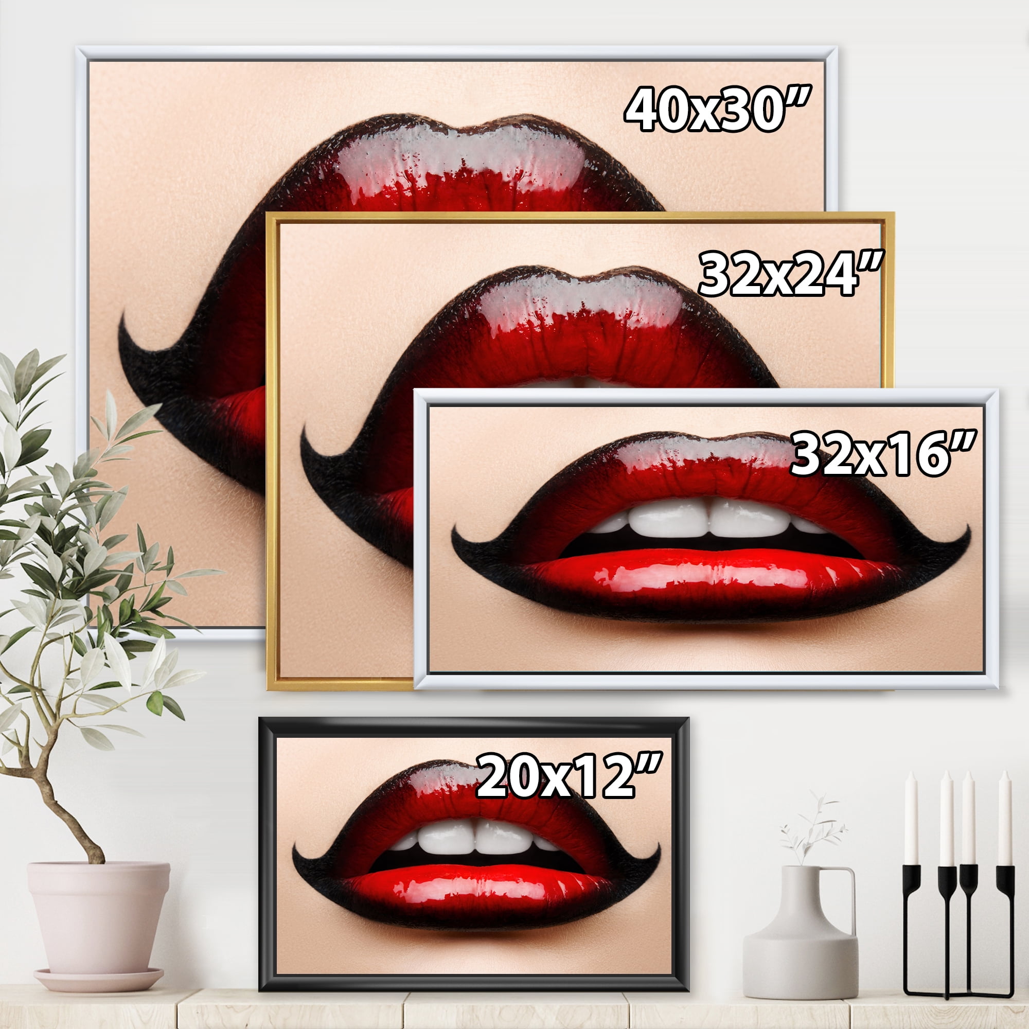 Designart 'Woman Lips With Red and Black Lipstick' Modern Framed Canvas Wall Art Print