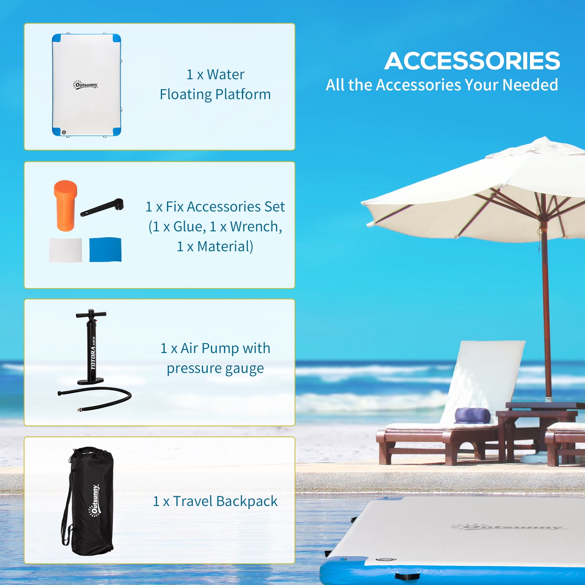Outsunny 10' x 7' Water Inflatable Floating Dock, Inflatable Platform Island, Large Floating Mat Raft with Air Pump & Backpack, for Pool, Beach, Ocean, White