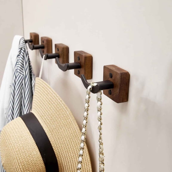 Matte Black Wall Coat Hook Rack, Modern Coat Hooks Black Walnut Wood Black Metal Decorative Backpack Hanger Wall Mounted