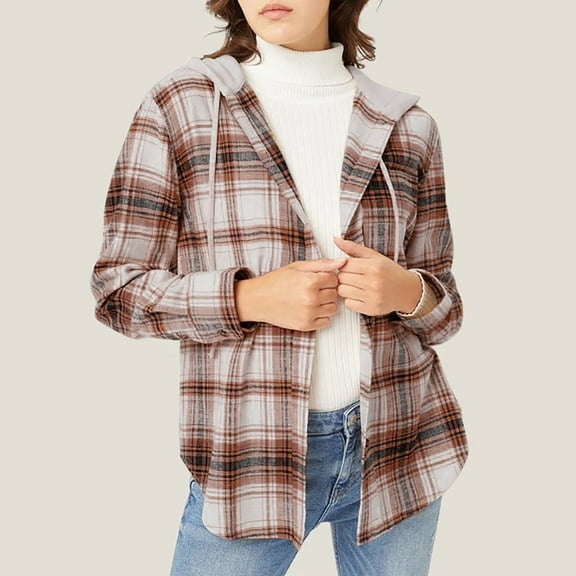 Somuwie Women's Casual Plaid Button Fashion Long Sleeve Hooded Tops Jacket