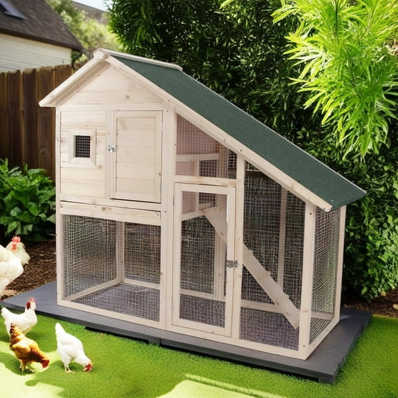 Pefilos 54" Rabbit Hutch for Indoor, Outdoor Rabbit Cage with Tray, Wood Bunny House Guinea Pig Hutch Chicken Coops, Beige