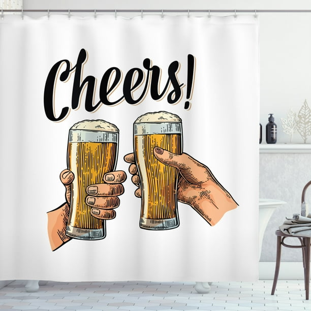Alcohol Shower Curtain, Female and Male Hands Holding and Clinking with
