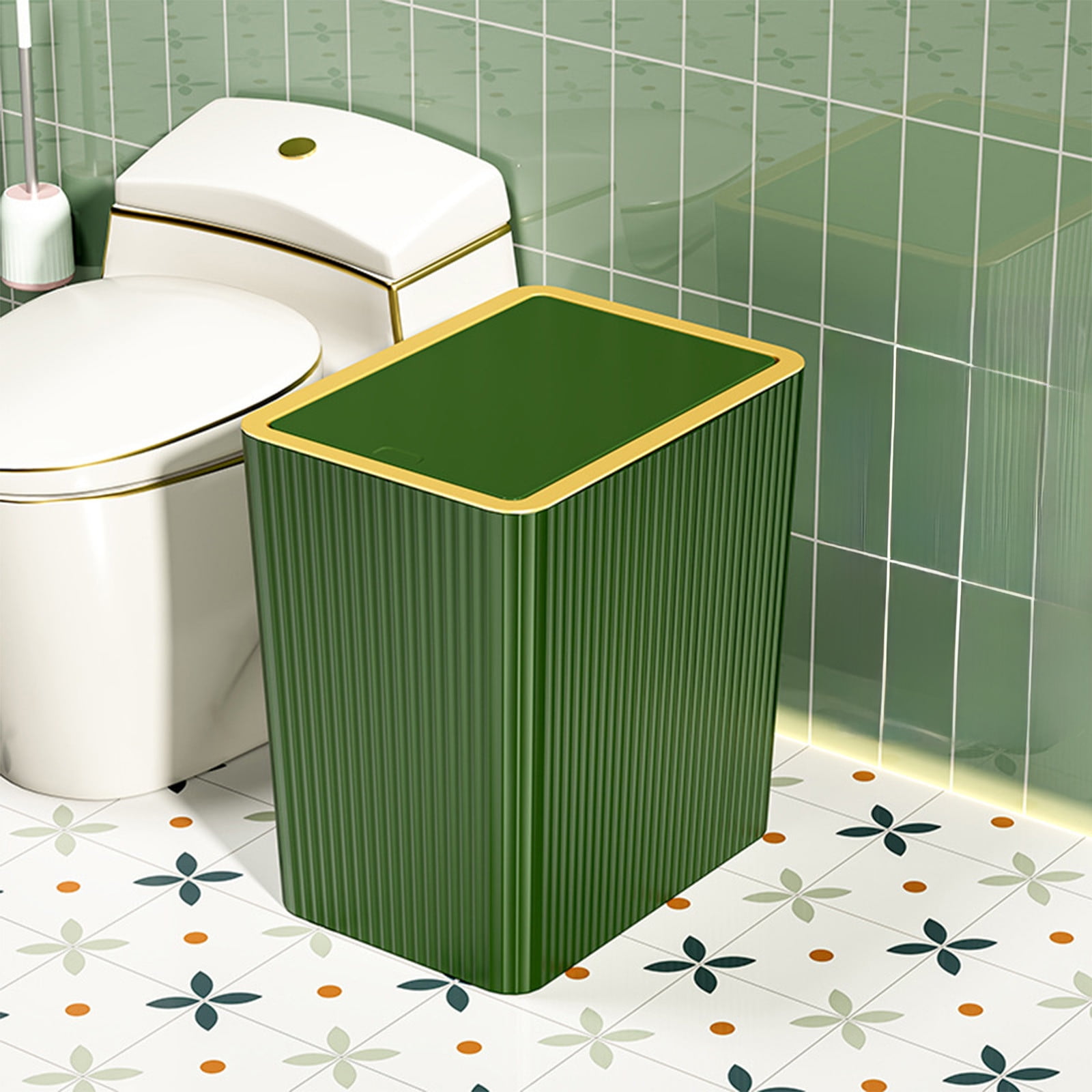 Kingfansion Press Lid Trash Can for Bathroom Kitchen, ABS Odor-Sealing Garbage Bin with Modern Design, 27x26cm Hygiene Household Bin for Bedroom Living Room Office, Green
