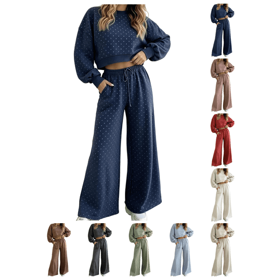Zynoxe Women Suits 2 Piece Set with Pockets Classic Round Neck Long Sleeve Crop Sweatshirt & Drawstring Wide Leg Pants Suit Fashion Polka Dot Sweatsuit Set Vacation Outfits for Women Navy S