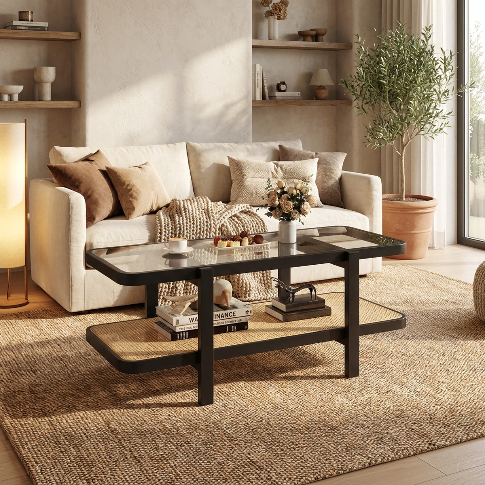Furnibear 2 Tier Coffee Table with Acacia Wood Frame Tempered Glass Tabletop and Rattan Storage Shelf for Living Room, Brown