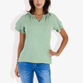 thumbnail image 2 of Women's Short Sleeve V-Neck Blouse with Double Layer Ruffle Sleeve Detail Casual and Chic for Everyday Wear- Small, Green, 2 of 7