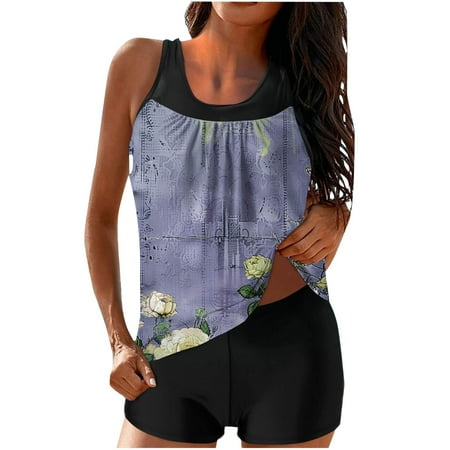 Clearance! Yajing Cute Bikinis L Purple Women s Spring/Summer Floral Print with Breast Top Two Piece Bikini Set