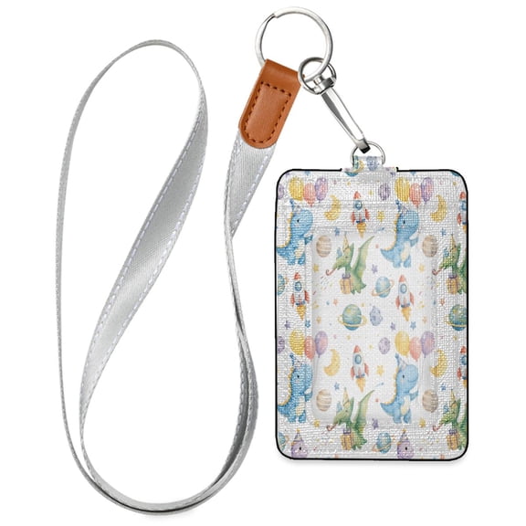 PU Leather Badge Holder Lightweight ID Card Holder with Window Pocket Party Dinosaur Scene Pattern