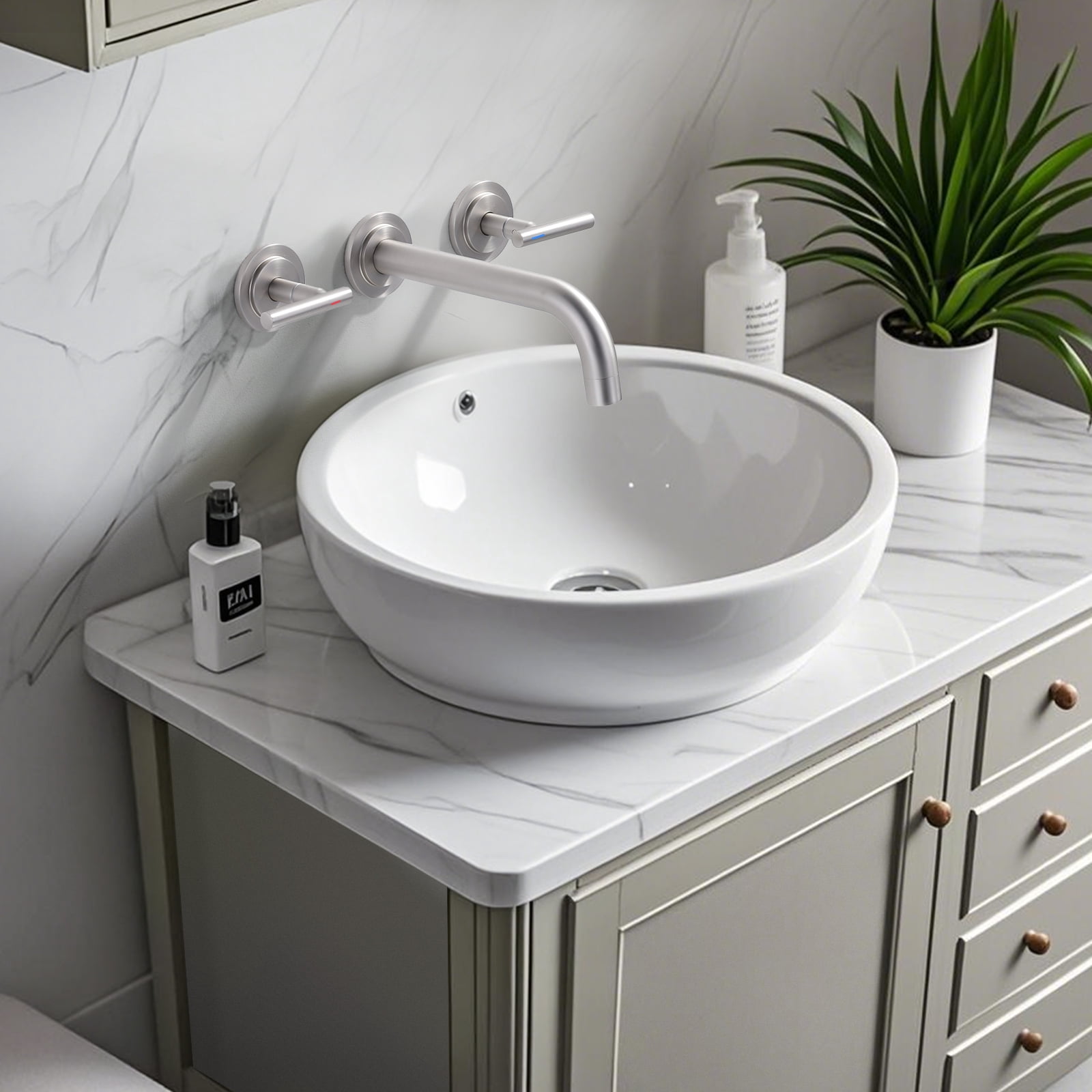 Double Handle Wall Mounted Bathroom Faucet with Rough-in Valve Included in Solid Brass Brushed Nickel