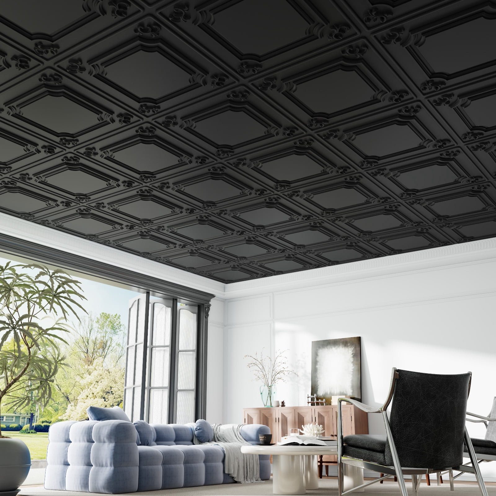 LooYee 24 Pack Black Ceiling Tiles 24x24 Inch, French Style 3D Decorative Ceiling Panels 2x2Ft PVC Waterproof Washable Plastic Material, Cover 96 Sq.Ft