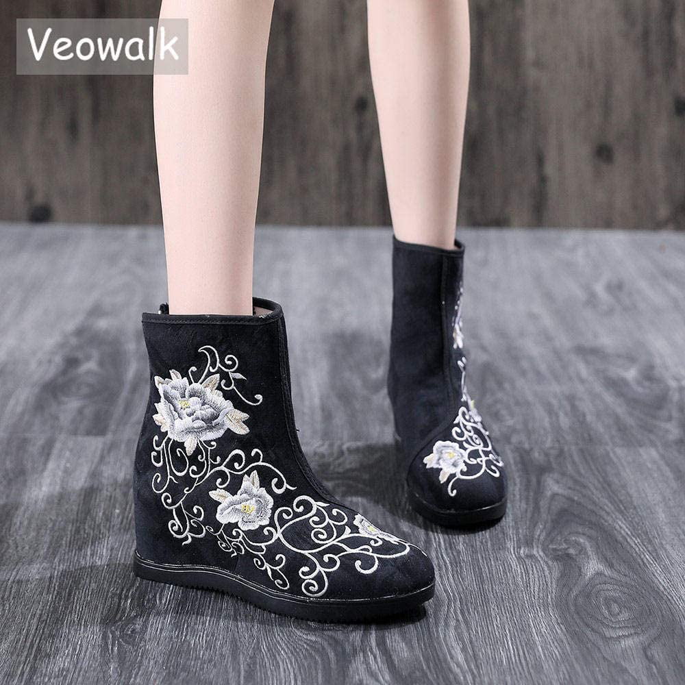 Womens Sneakers Shoes Embroidery Canvas Casual Pumps Sports Hidden Heel Floral 9 