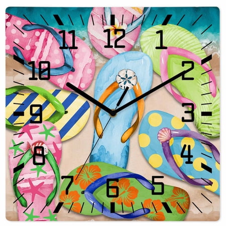 Colorful Flip Flops Wooden Wall Clock Silent Non Ticking, Summer Blue Beach Ocean Square Wall Clocks Battery Operated, Decor Clock for Home Office, Living Room, Kitchen, 10 Inch