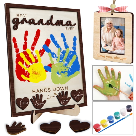 10" Hands Down Best Grandma Ever DIY Handprint Kids Frame with Paints, Car Picture Holder, Photo Ornament, Fridge Magnet, Art Craft Family Keepsake Birthday Father's Day Gift for Nana, Grammy HF620