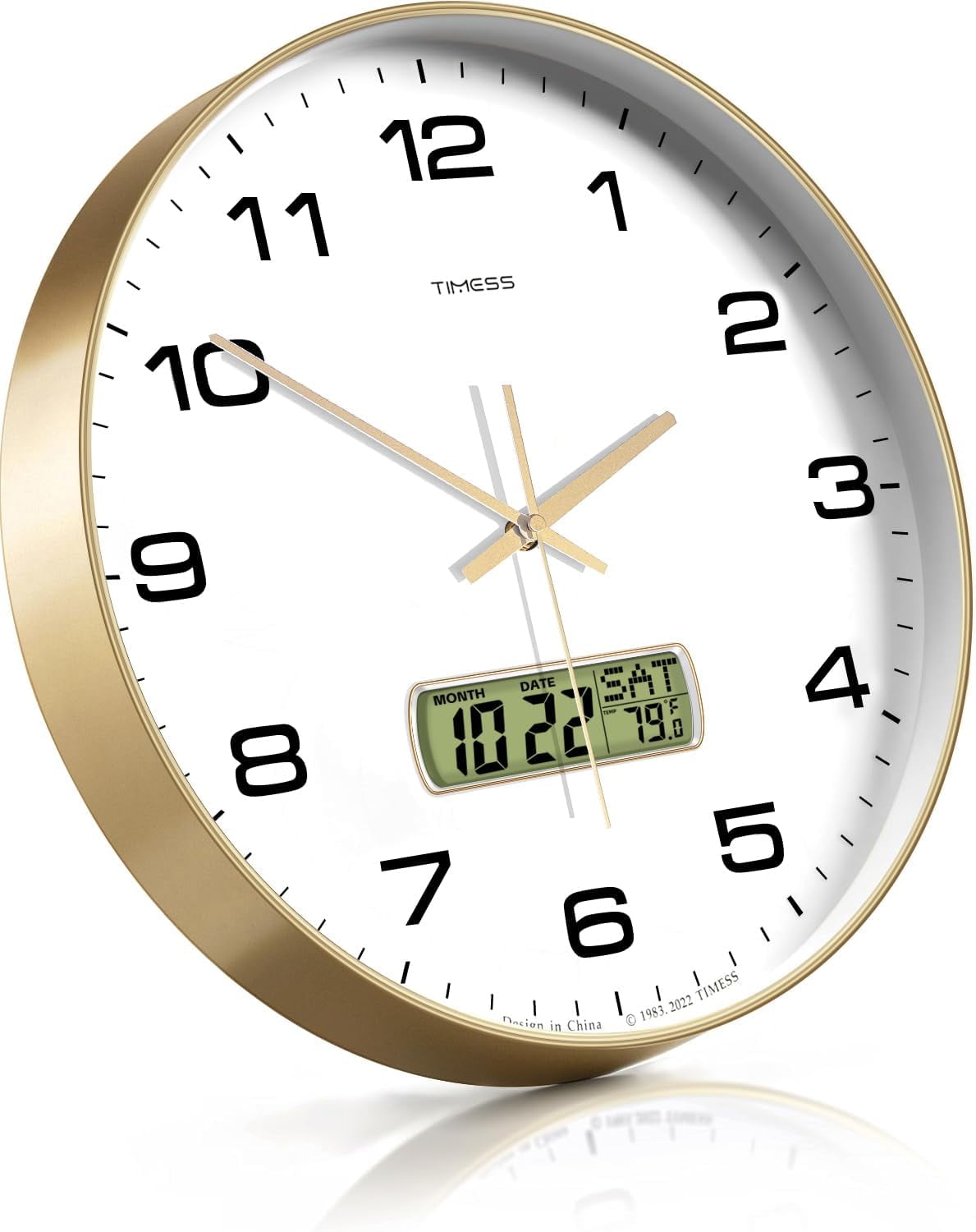 TIMESS 12" Analog Wall Clock with Date Display, Battery Operated Modern Clock for Living Room (Gold)