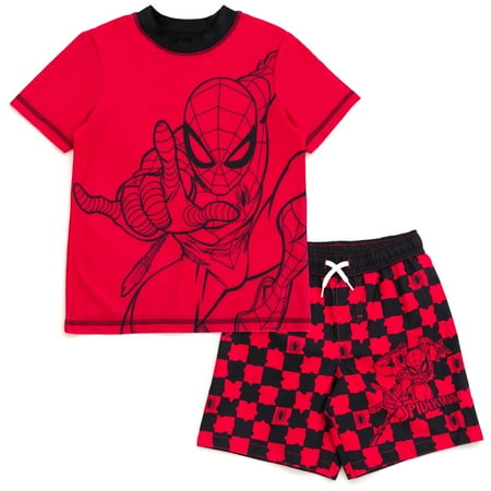 Marvel Spider-Man Little Boys Swimwear 2-Piece Rashguard and Swim Trunks Set Spider Man Checker