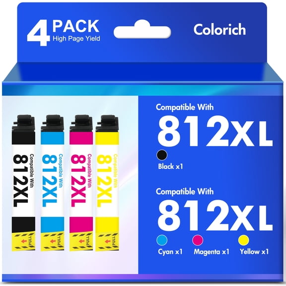 812XL Ink Cartridges 4 Pack Compatible for Epson 812XL 812 Printer Ink Combo Pack for Epson WF-7310 WF-7820 WF-7840 WorkForce EC-C7000 (1 Black, 1 Cyan, 1 Magenta, 1 Yellow)