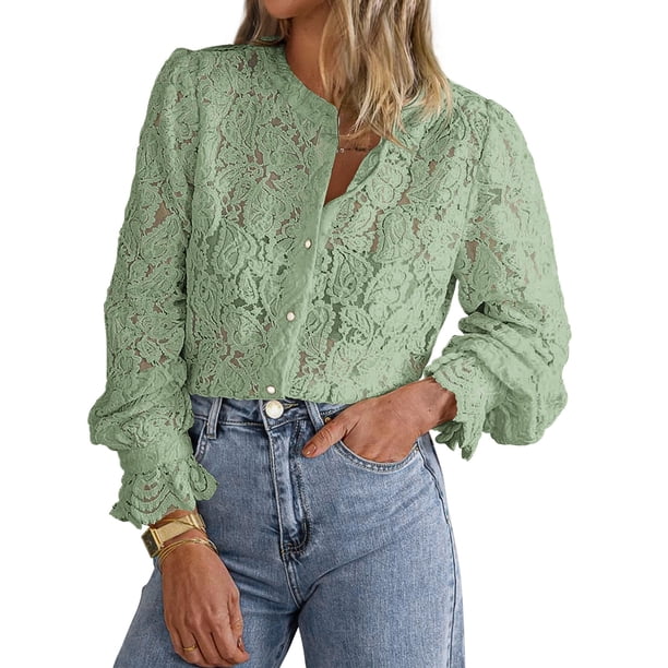 Blusa de Encaje para Mujer PRETTYGARDEN Manga Larga con Botones Mediana
