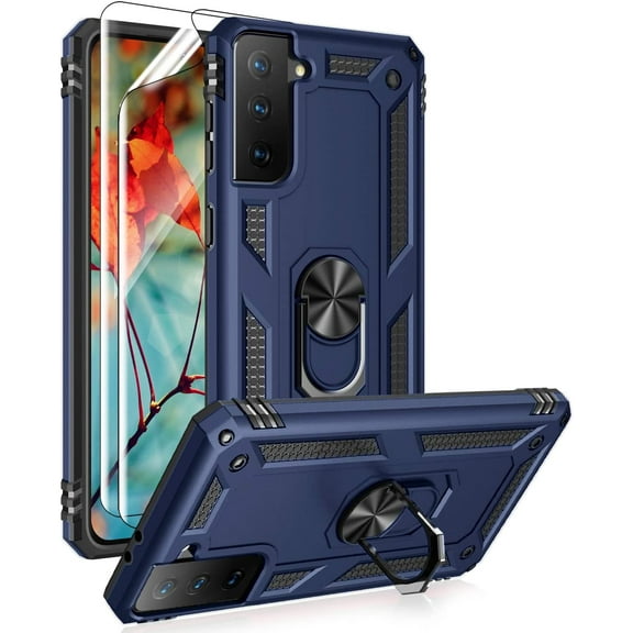 REQO for Samsung Galaxy S21 5G Case with HD Screen Protectors, Military-Grade Metal Ring Holder Kickstand 15ft Drop Tested Shockproof Cover Case for Samsung Galaxy S21 Blue