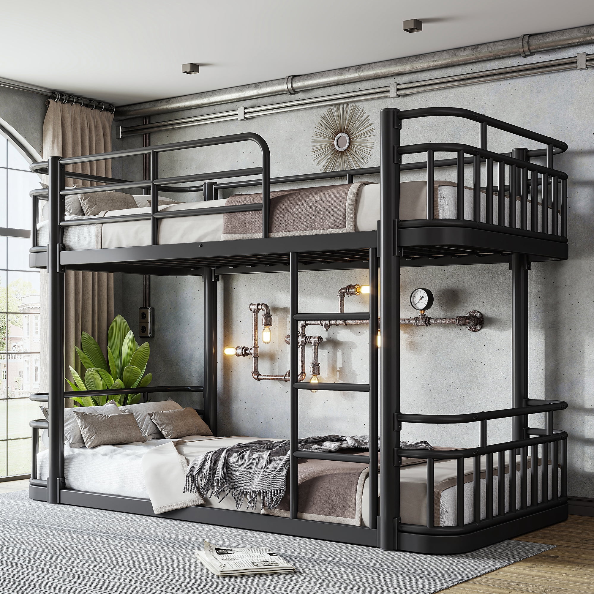 Leumius Twin XL over Twin XL Bunk Bed Frame with Ladders & Guardrails, Upgraded Round-Pipe Metal Frame, Stylish & Versatile for Any Room,Black