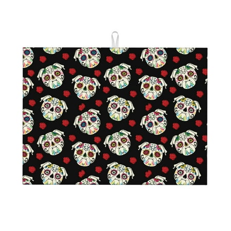 

Tebeau colorful Skull dog flower Print Dish Drying Mat for Kitchen Counter Dish Drying Pad with Non-slip Rubber Backed Hide Stain Anti Absorbent for Kitchen Counter Drying Mat