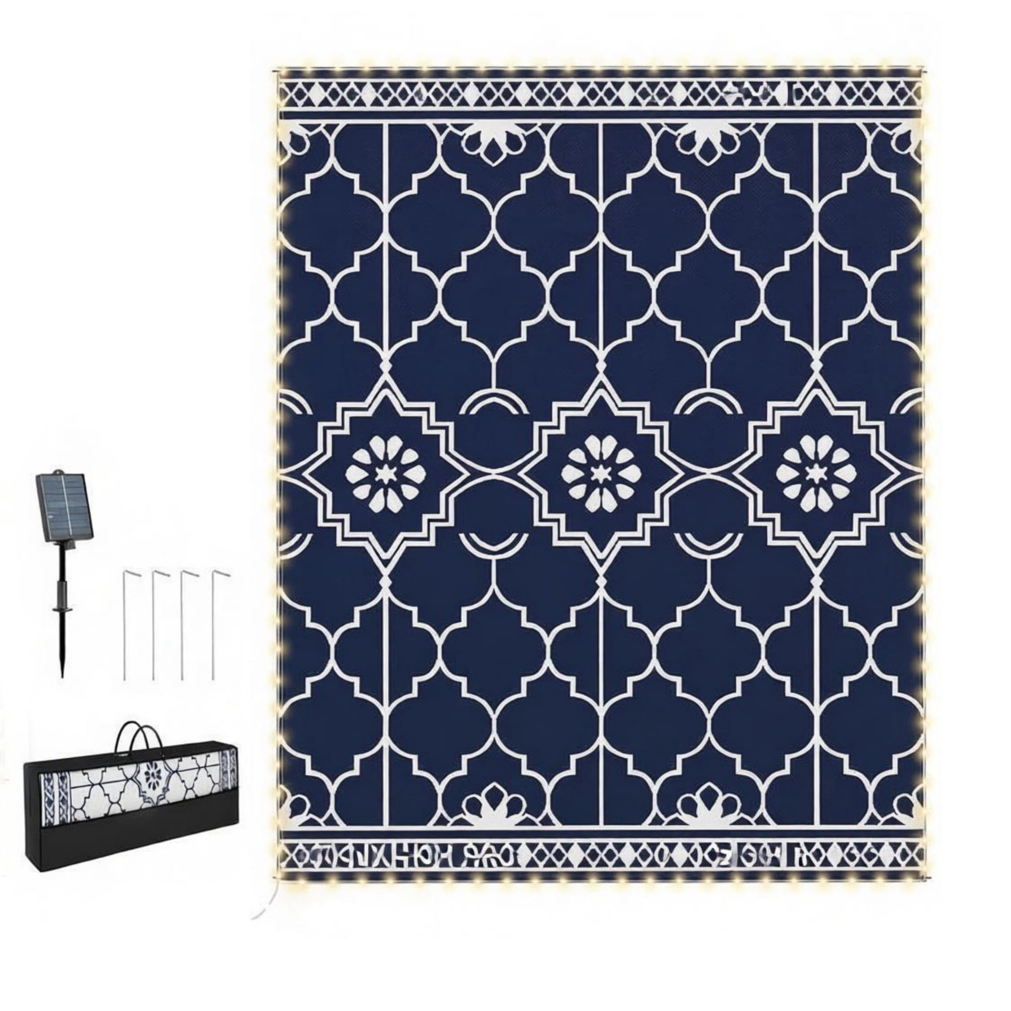 Reversible LED Light Outdoor Rug Carpet 12'x9' PP Straw Material with Carry Bag And Ground Stakes for Garden Patio Decor