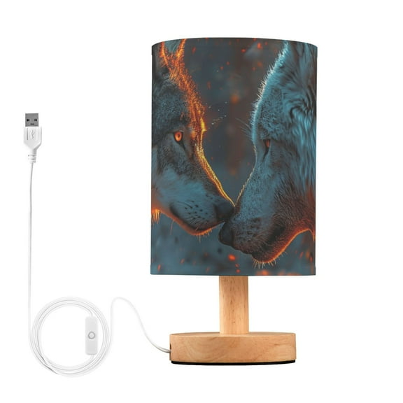 Wolves Table Lamp USB Bedside Desk Nightstand Lamp Printed Gifts Small Lamp Wood Base for Bedroom Living Room Kids Room College Dorm