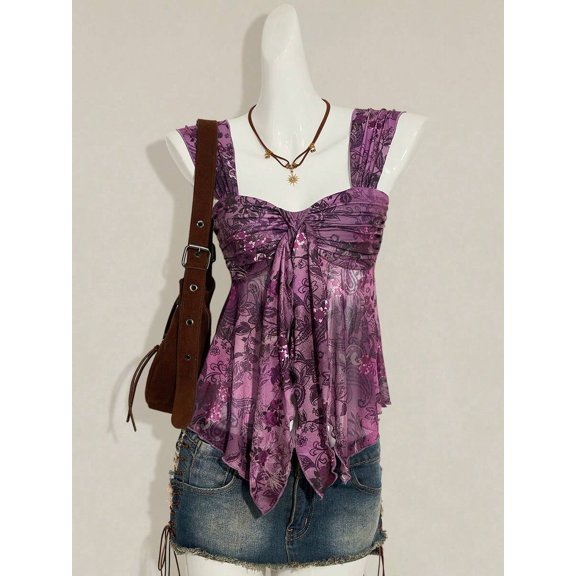 Purple Floral Print Asymmetrical Hem Tie-Front Ruched Peplum Mesh Tank Top For Women