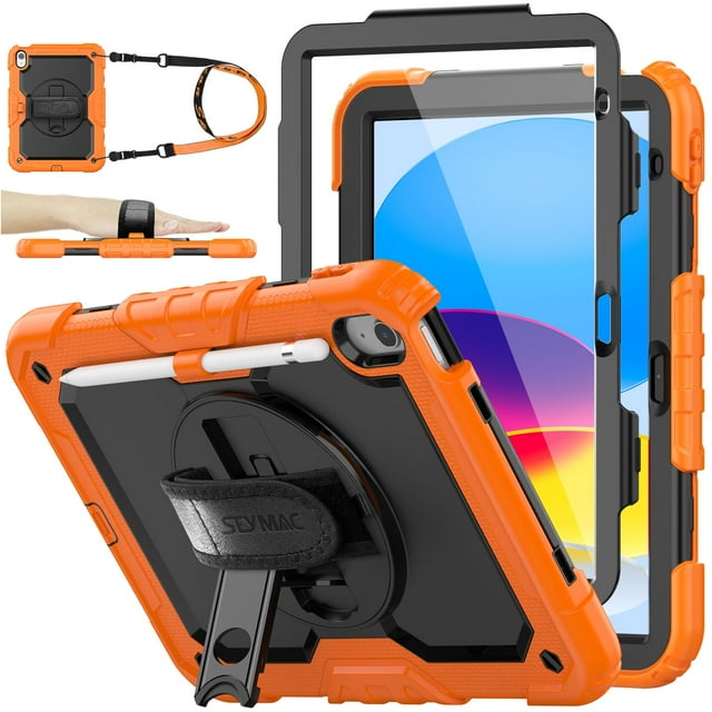 SEYMAC stock Case for iPad 10th Generation 10.9'', Full-Body Drop Protection Case with Screen Protector &360° Rotate Hand Strap/Stand, Black+Orange