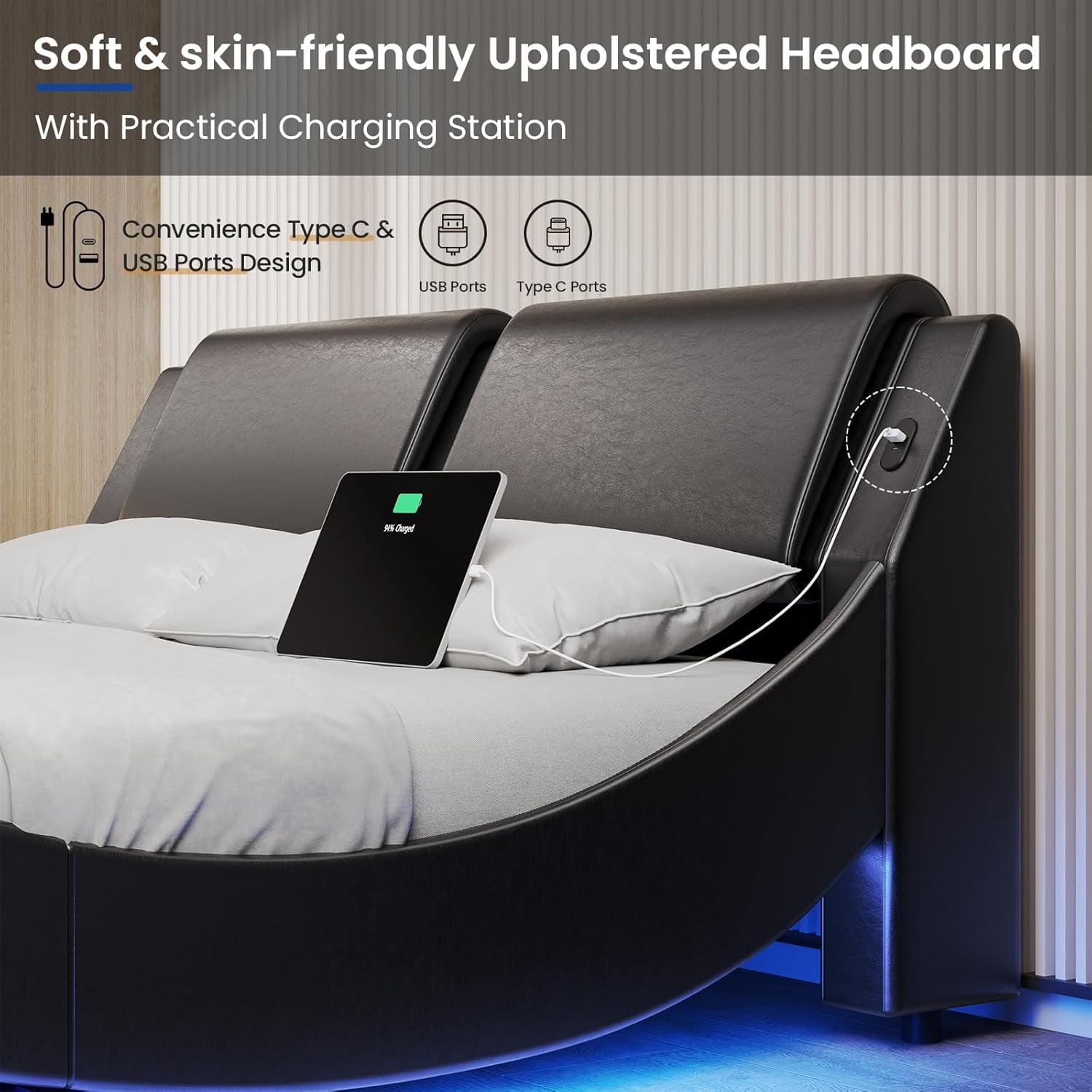 Queen Bed Frame with RGB Led Lights & Charging Ports,Modern Faux Leather Upholstered Platform Bed with Headboard Wave Like Curve Low Profile Bed,Wood Slats Support,Squeak Resistant,Black