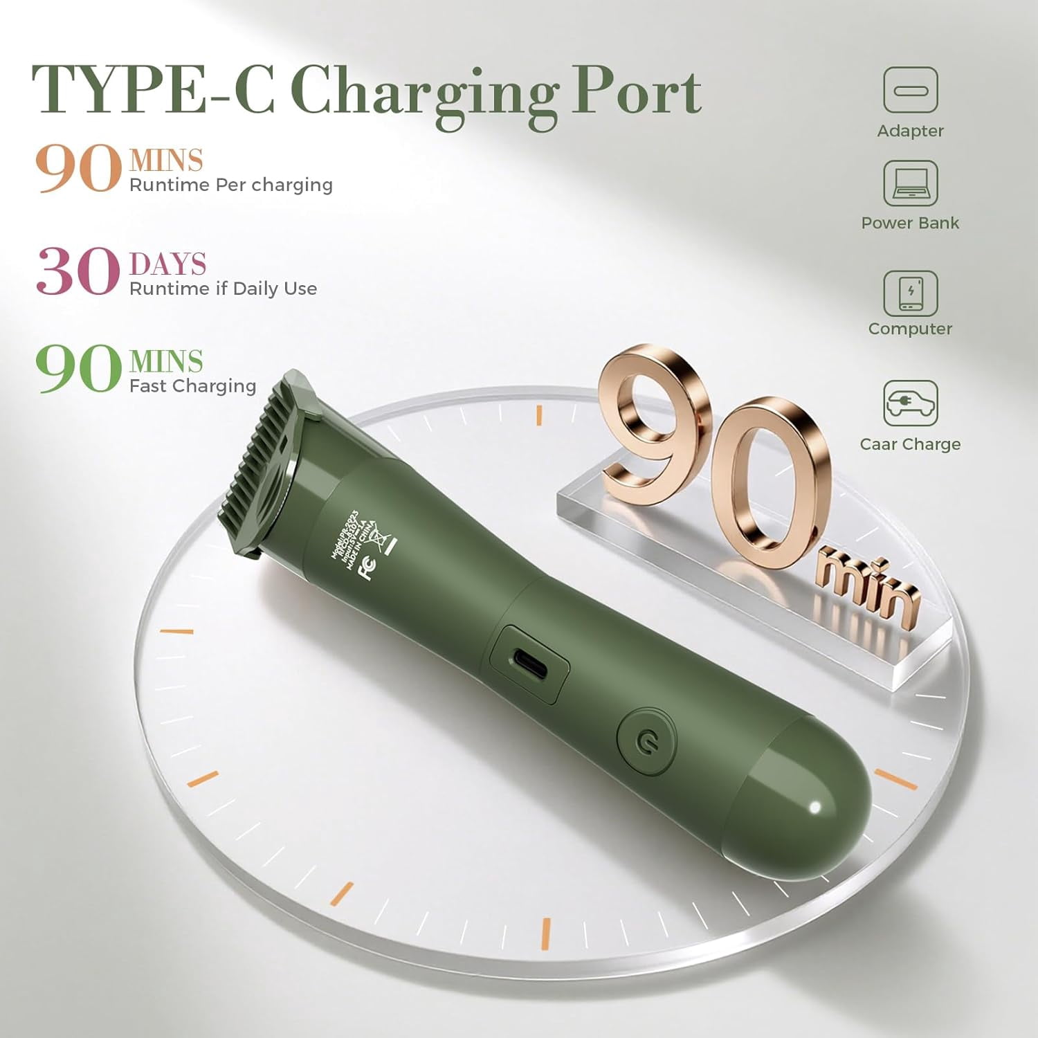 Bikini Trimmer for Women, 2 in 1 Electric Shaver for Women, Pubic Hair Trimmer Waterproof IPX7 with LED, Bikini Razor for Leg Arm Underarm Bikini Area, Christmas Gifts for Her - Dark Green