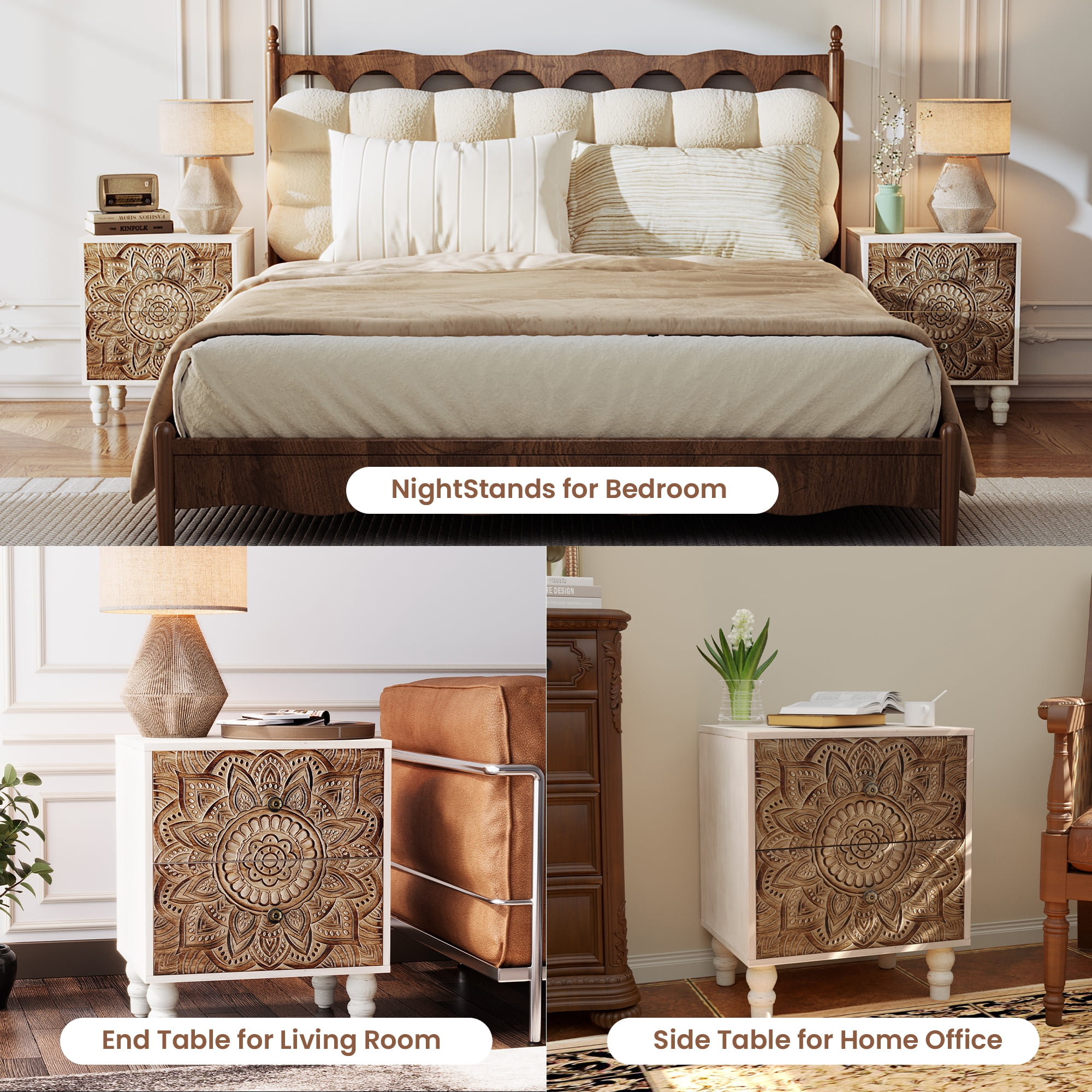 FOROUTIA 2-Drawer Nightstand, Wood Accent Bed Side Table with Storage for Bedroom