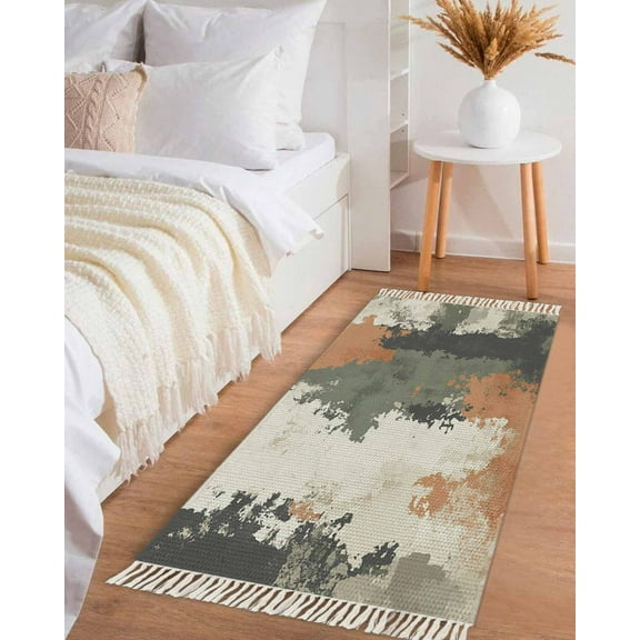 Green Orange Hallway Runner Rug 2x6ft,Shabby Chic Color Block Abstract Ombre Washable Woven Living Room Bedroom Kitchen Bathrom Carpet with Tassels,Indoor Outdoor Throw Door Mat for Entryway