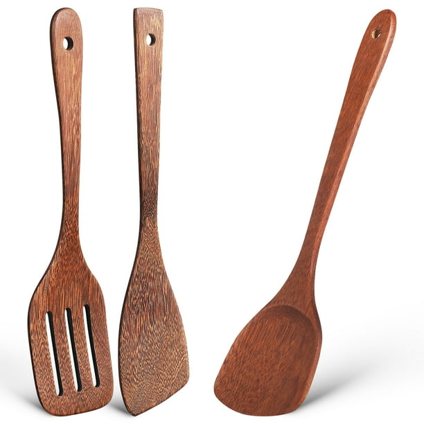 3 espátulas de cocina, espátula de madera plana, espátula ranurada antiadherente, espátula para saltear, utensilios de cocina