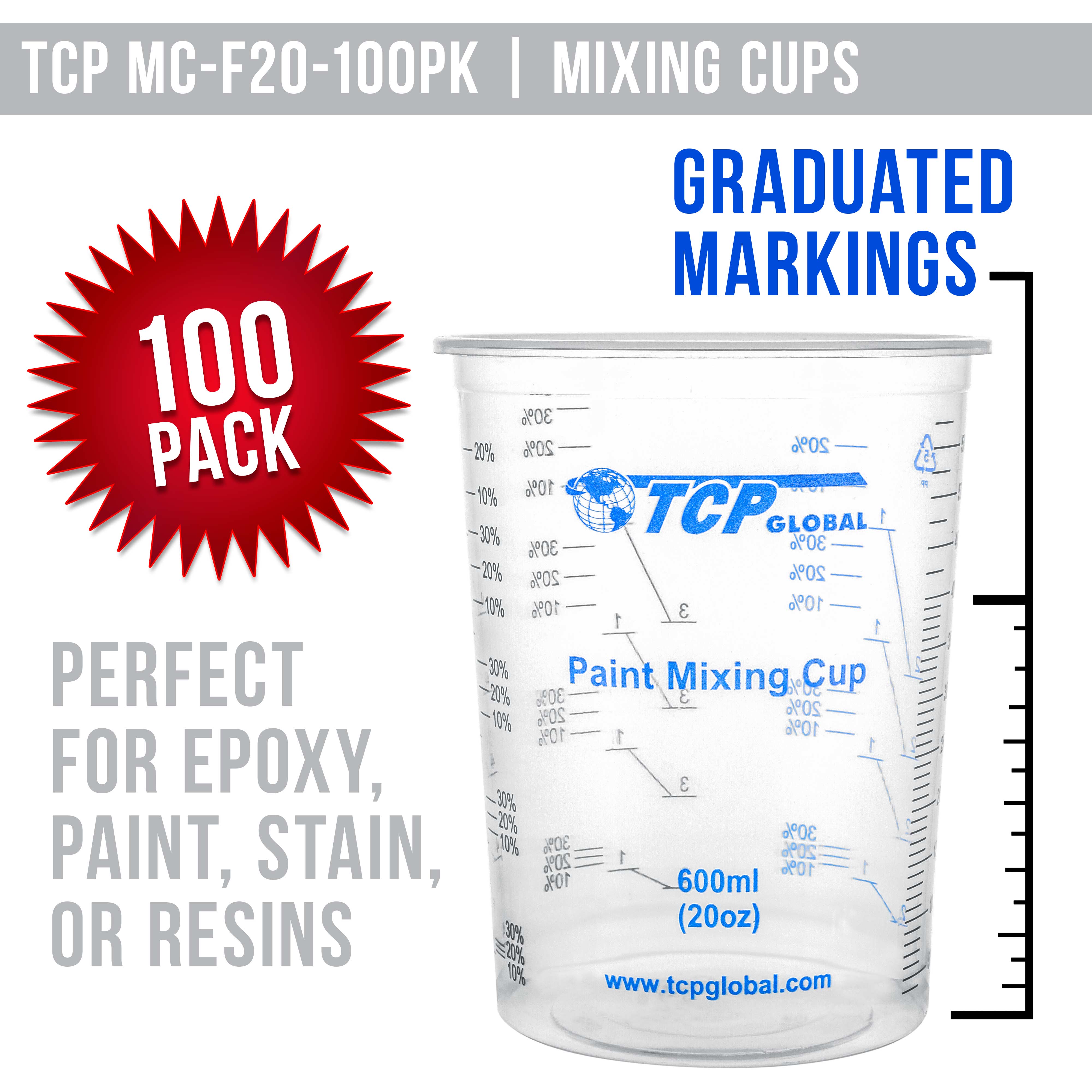 TCP Global 20 Ounce (600ml) Disposable Flexible Clear Graduated Plastic Mixing Cups - Box of 100 Cups & 50 Mixing Sticks - Use for Paint, Resin, Epoxy, Art, Kitchen - Measuring Ratios 2-1, 3-1, 4-1 ML - image 2 of 6
