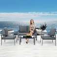 thumbnail image 3 of MoNiBloom 4 Pieces Patio Furniture Set, Steel Outdoor Conversation Set with 3 Chairs, 1 Tempered Glass Coffee Table and Cushions, Dark Gray, 3 of 9