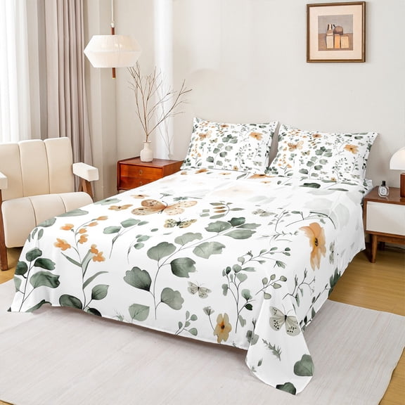 Homewish Boho Butterfly Moth Twin Sheet Sets,Rustic Leaves Twin Fitted Sheet,Green White 03 For Kids,Ultra Soft Home Decor,3 Pieces