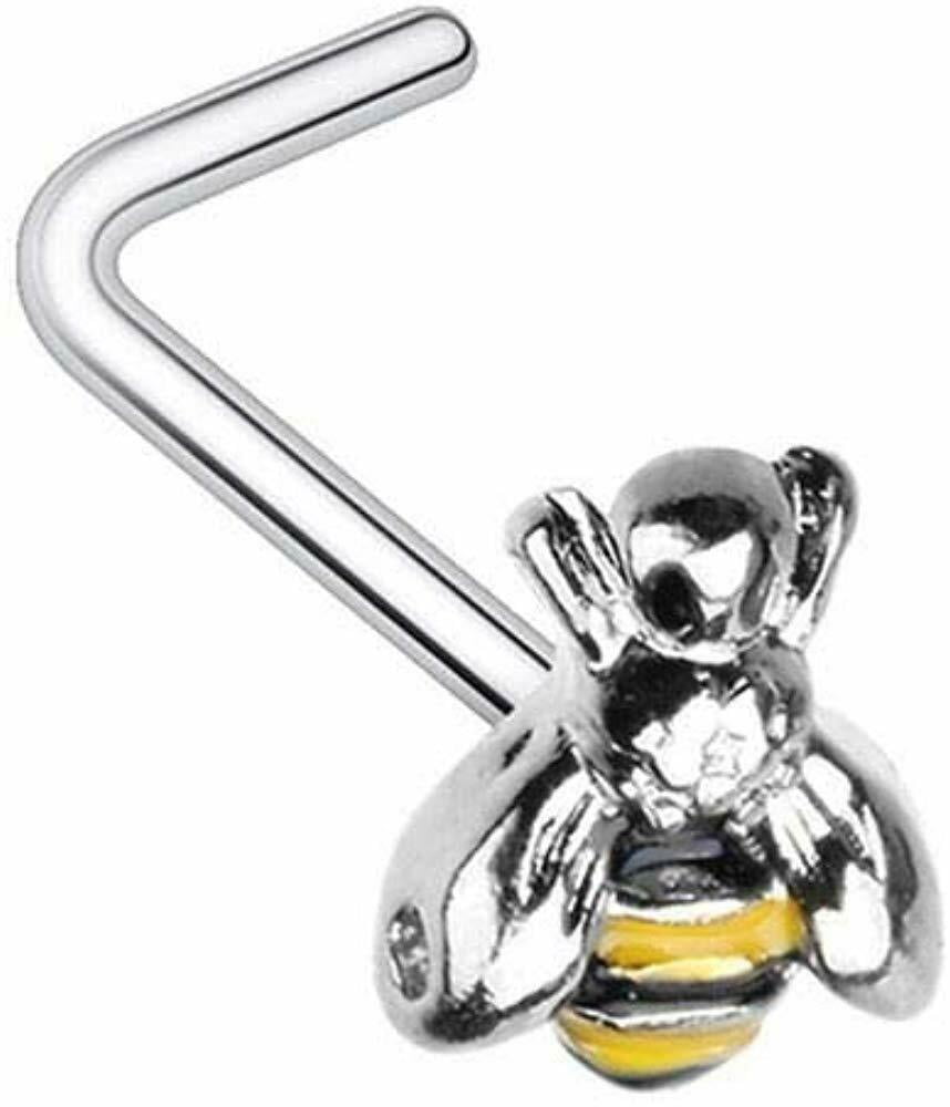 20GA Heart Lock Top L-Bend Nose Stud Gold Rose Gold IP & 316L Surgical Steel 