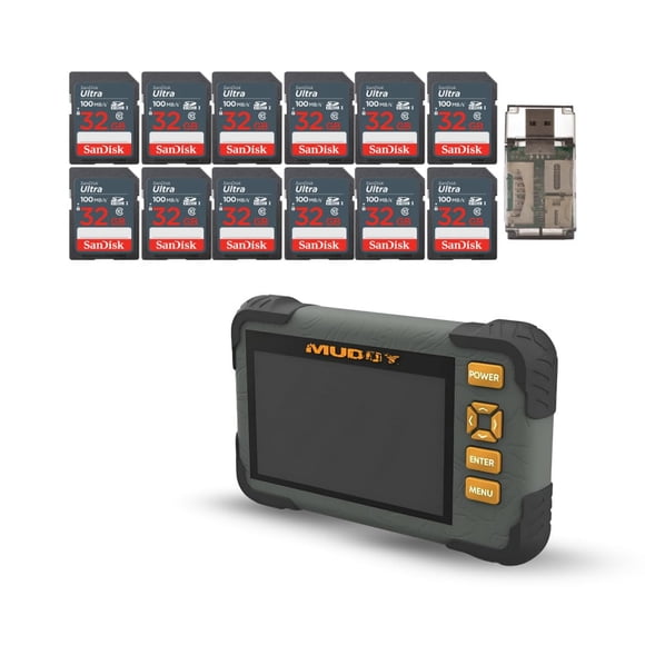 Lector de tarjetas SD MUDDY con pantalla LCD de 4,3" y paquete de 12 tarjetas de 32 GB