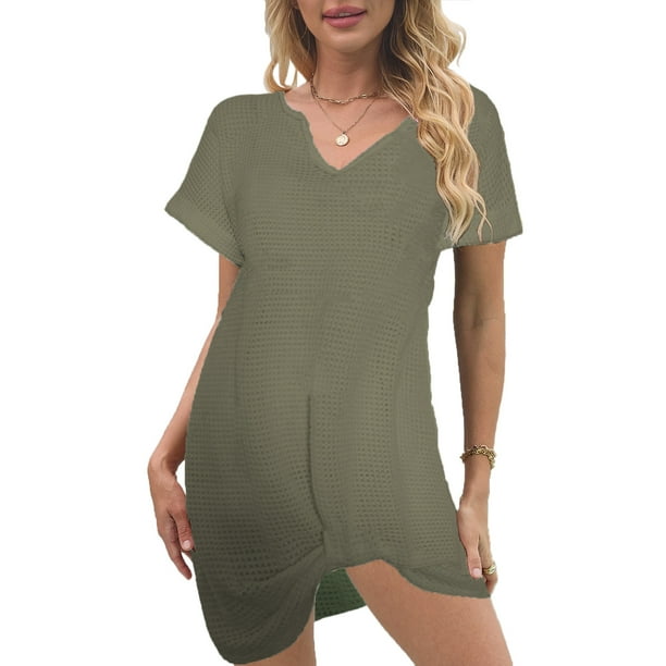 Vestido de punto para mujer - Vestido corto de playa con cuello en V y manga corta para piscina/fiesta en la playa
