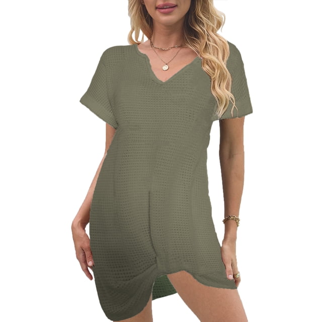 Vestido de punto para mujer - Vestido corto de playa con cuello en V y manga corta para piscina/fiesta en la playa