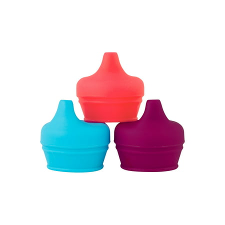Boon Snug Silicone Sippy Cup Spout Lids Make Any Cup A Sippy Cup, Pink, Purple & Blue, 3