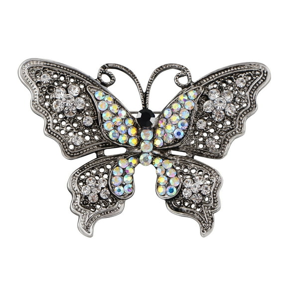 Antique Silver Shimmering Aurora Borealis Abstract Crystal Rhinestone Monarch Butterfly Brooch Pin, Gun with Abstract Crystal