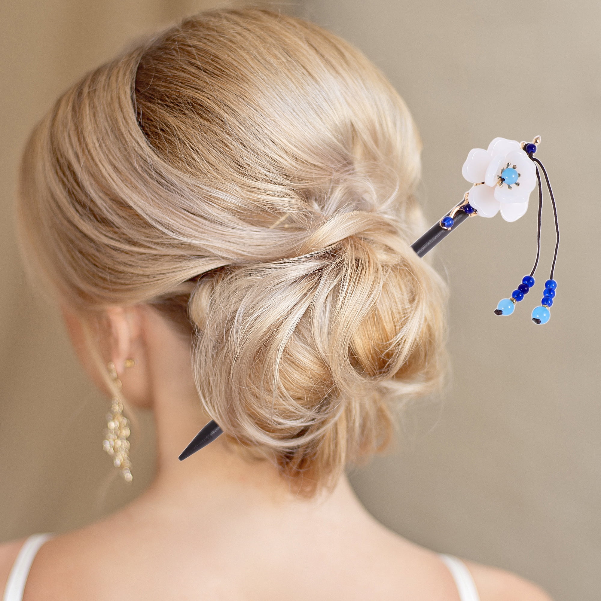 Unique Bargains Hair Chopstick for Women Black Blue White 1 Pc [Flower Tassel] 2.76"