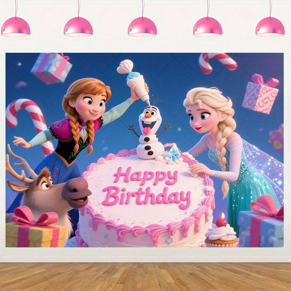 Frozen Elsa and Anna's birthday party background - a pink cake decorated with snowmen, reindeer, gifts and candies, indoor/outdoor photo booths, home decorations, holiday banners