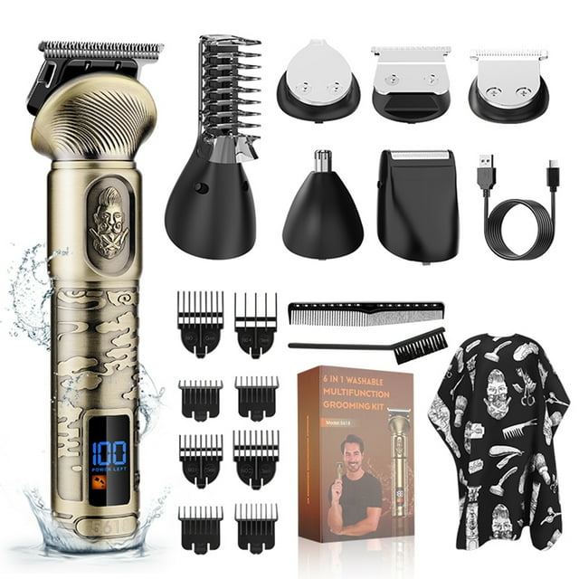 6-IN-1 Men's Hair Clipper Set Electric Body Hair Trimmer Beard Shaver Nose Trimmer Haircut Kit Engraving Cutter Guide Combs Fully Washable USB Rechargeable